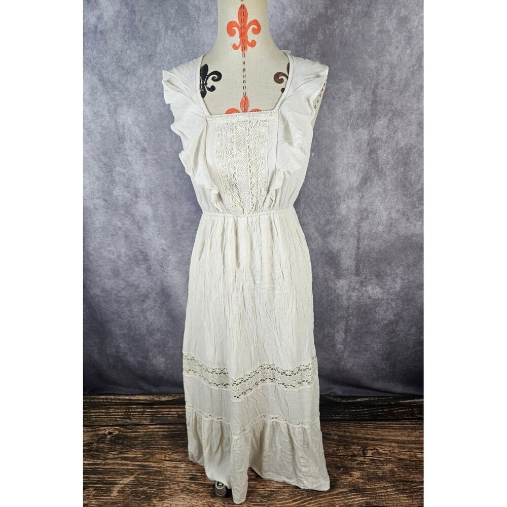 Mossimo Supply Women XS Ivory Long Flare Dress Cotton Blend Lined Crochet Ruffle